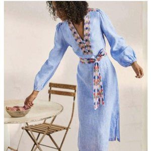 Boden Embroidered Midi Kaftan Chambray Linen Size 12 Blue Boho Dress - New